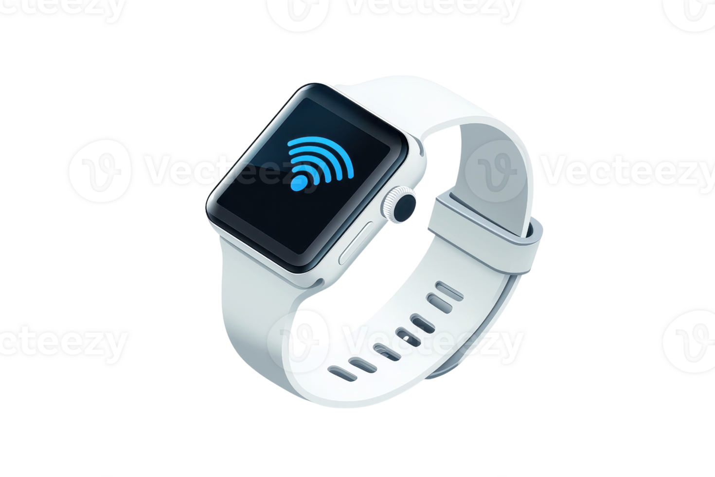 A smartwatch with a white strap displaying a wireless connectivity symbol on its screen. png