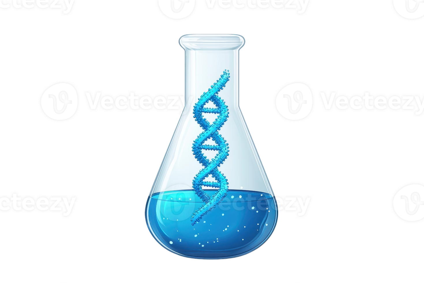 A laboratory flask filled with blue liquid, featuring a prominent DNA double helix inside. png