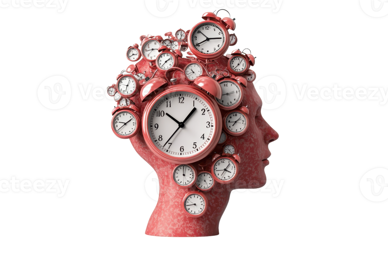 A creative sculpture of a human head adorned with various clocks, symbolizing the concept of time and its impact on human life. png