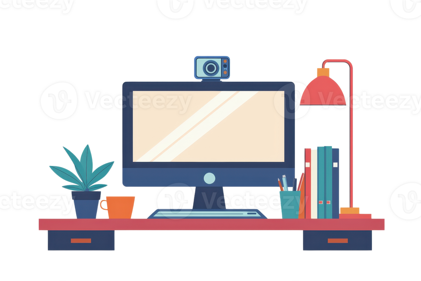 A stylish workspace featuring a computer monitor, a webcam, a desk lamp, books, and potted plants for a modern office vibe. png