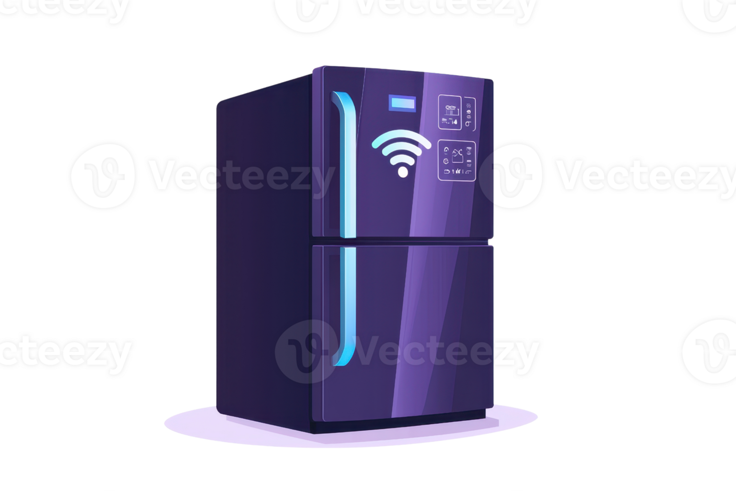 A modern, purple smart refrigerator with a digital interface, featuring a Wi-Fi symbol and sleek design elements. png