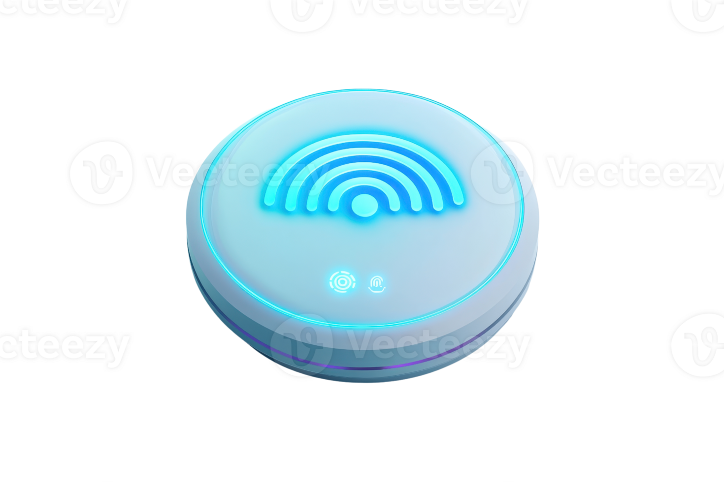 A round, illuminated device featuring a blue wave pattern, indicating connectivity or signal strength. png