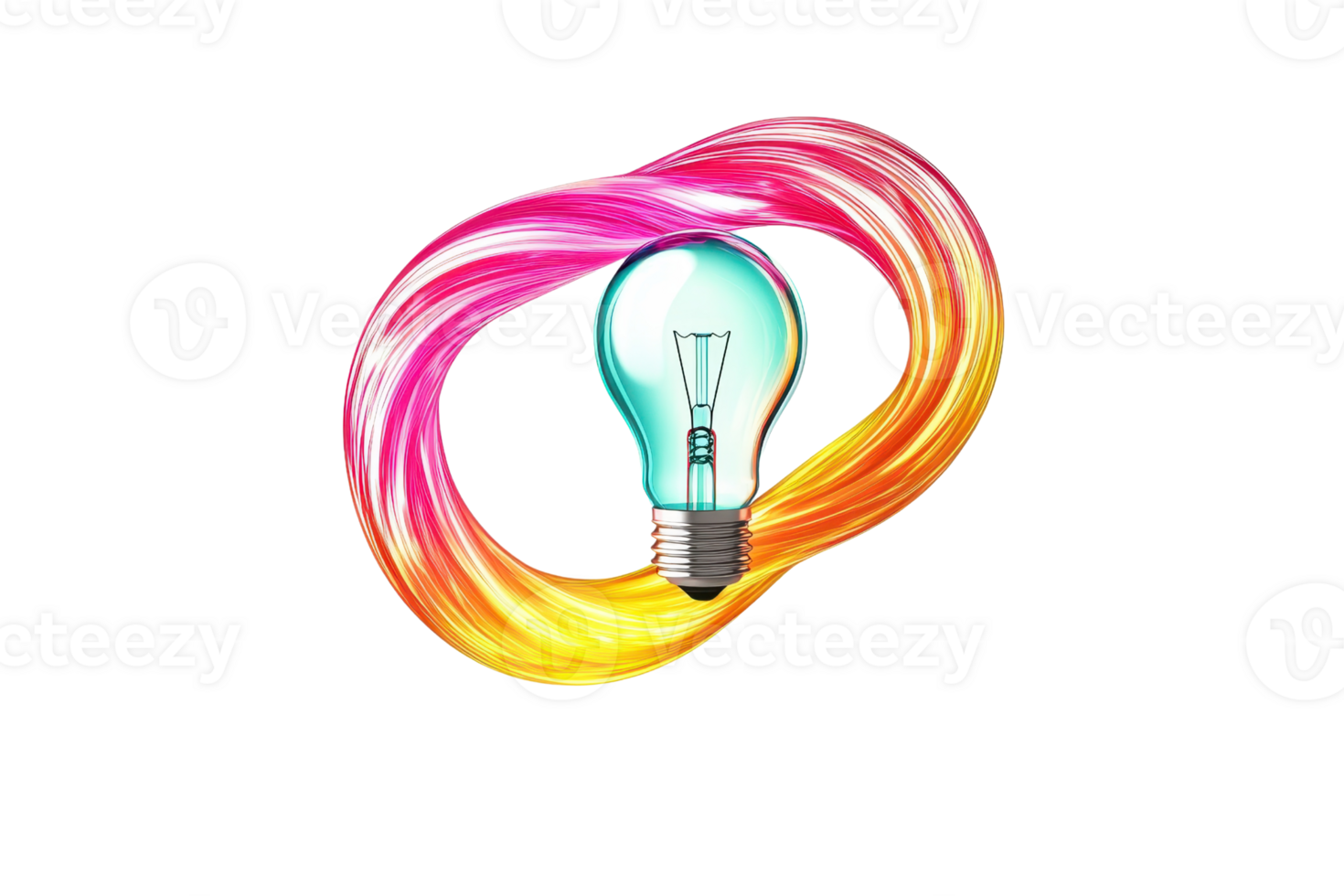 A vibrant light bulb surrounded by colorful swirling energy strands, symbolizing creativity and inspiration. png