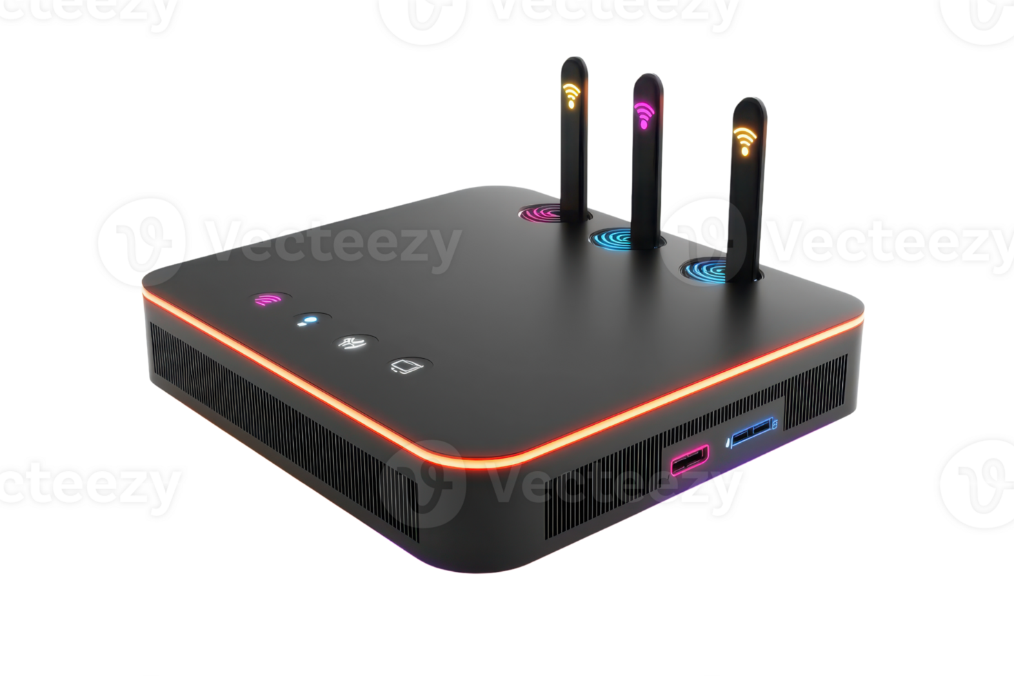 A compact, modern device featuring multiple antennas and colorful LED indicators, designed for connectivity and networking. png
