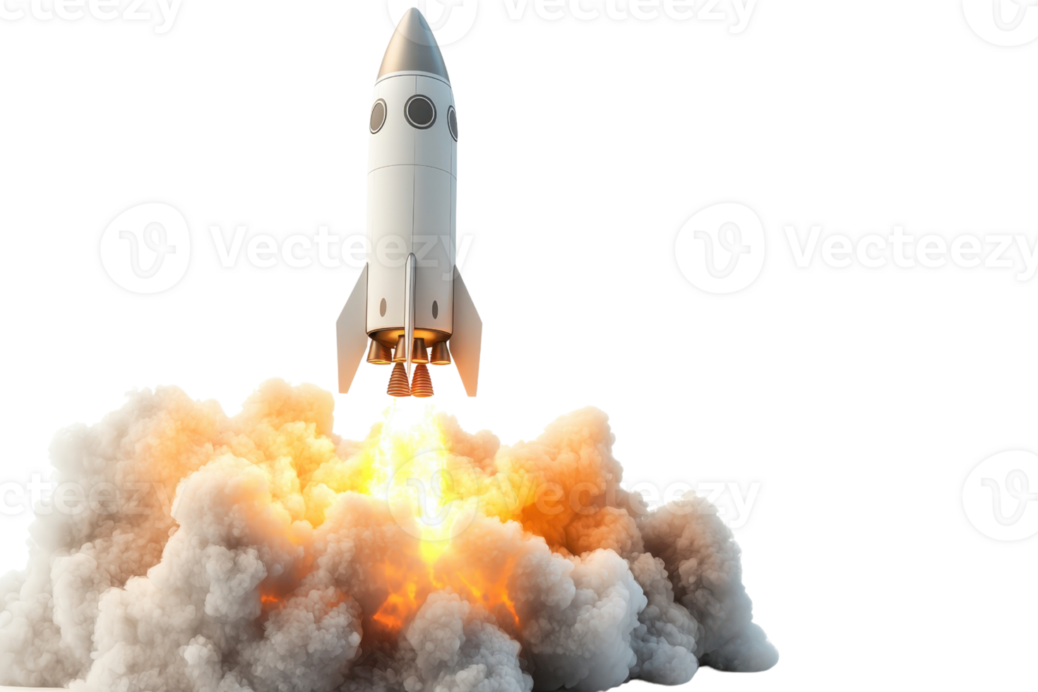 A rocket launches aggressively, emitting flames and smoke, symbolizing innovation and the quest for exploration. png