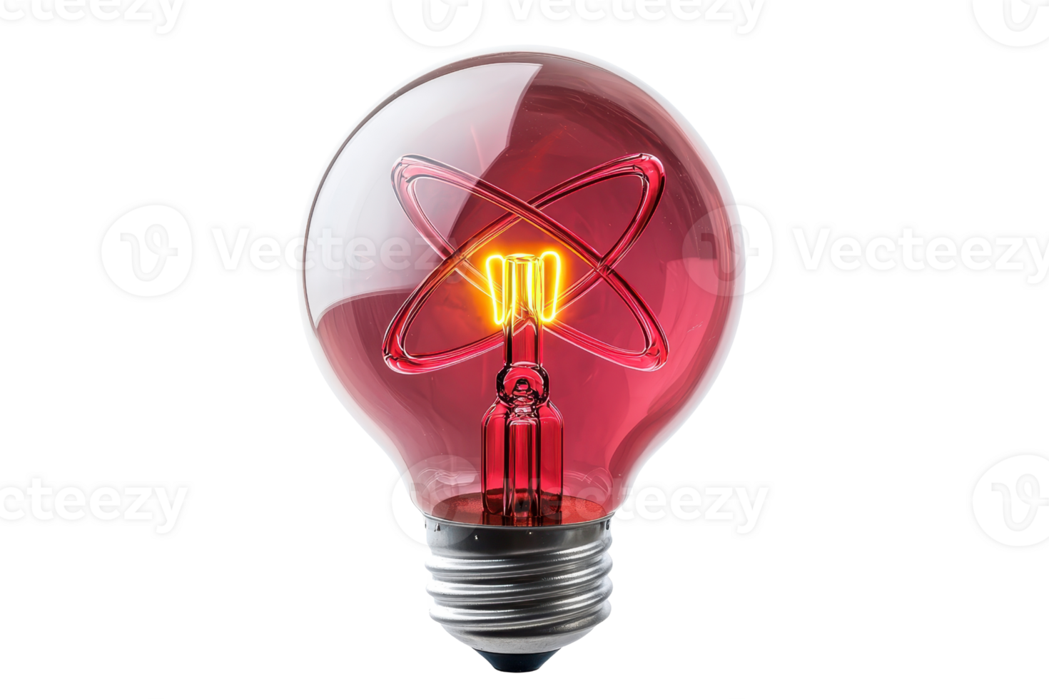A glowing red light bulb designed with an atomic symbol inside, showcasing a unique and creative illumination concept. png