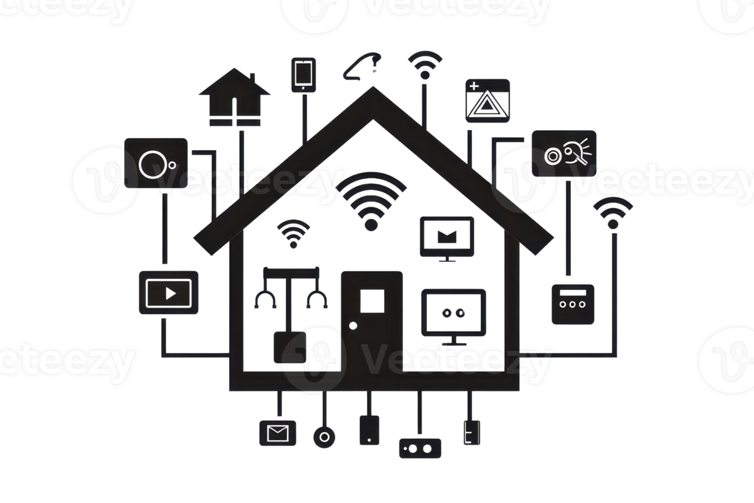 A digital house icon connected to various smart devices, representing a modern smart home system. png