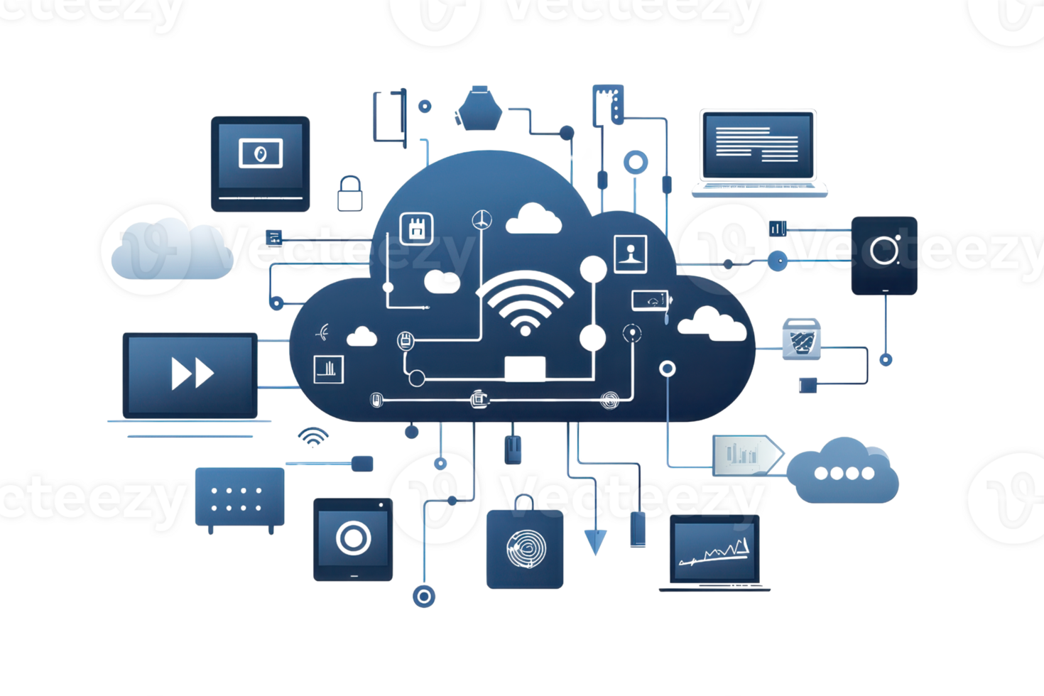 The image features a cloud icon interconnected with various devices and symbols representing data transfer, technology, and networking. png