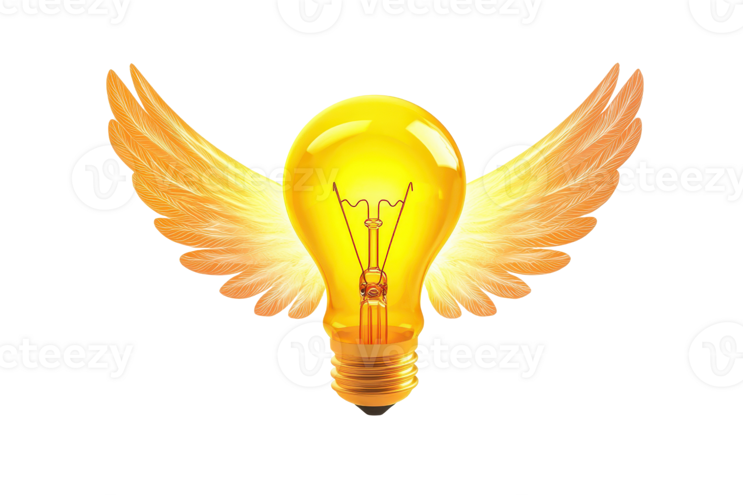 A glowing yellow light bulb with angelic wings symbolizes creativity and inspiration. png