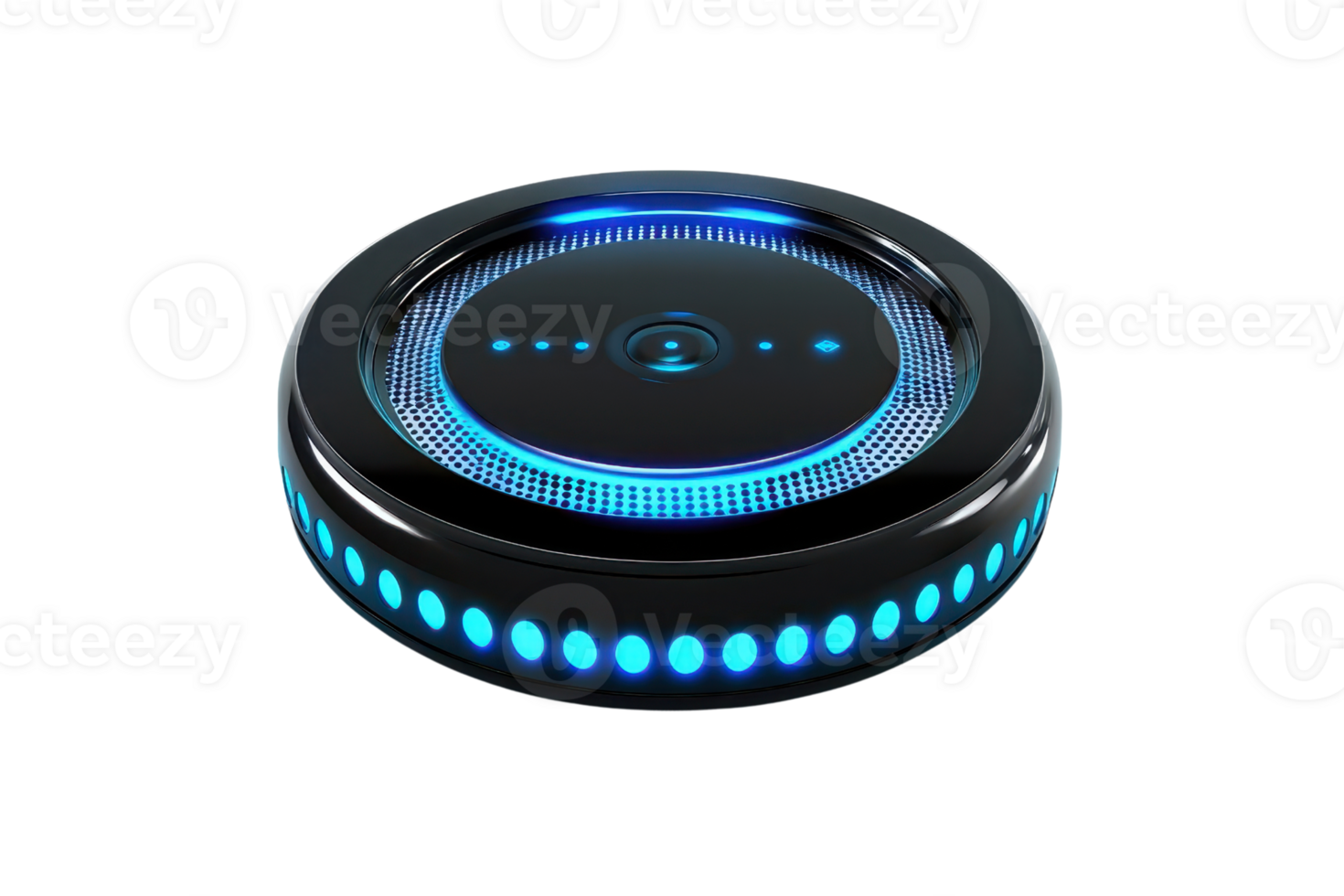 A sleek, circular device with glowing blue lights encircling its edge, featuring a textured surface in the center. png