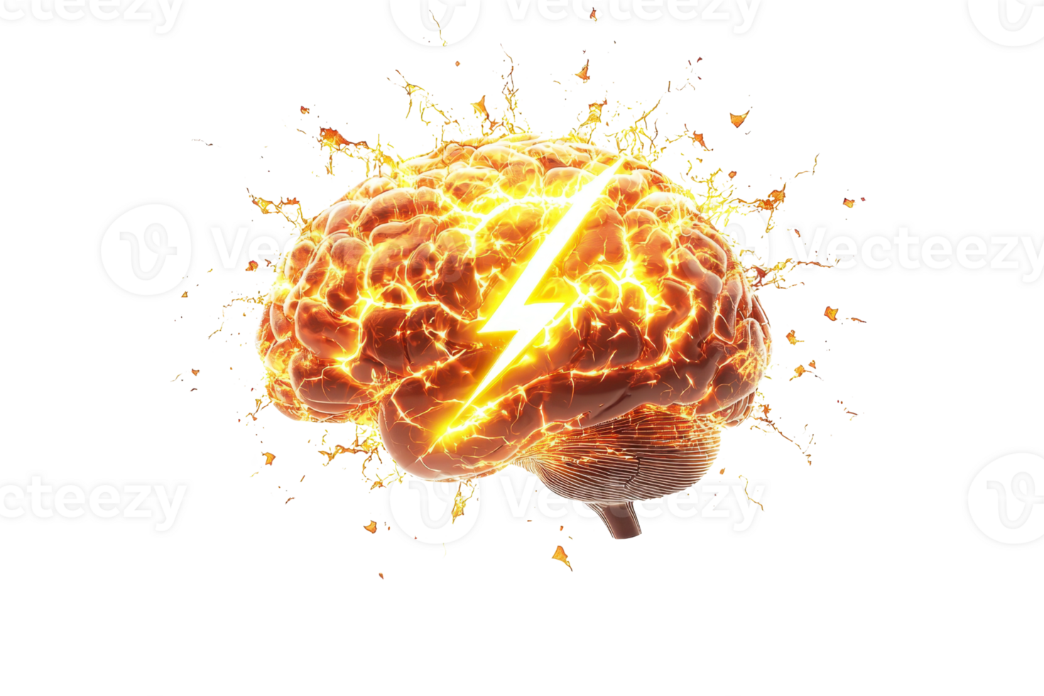 A glowing brain with lightning, symbolizing energy and cognitive power. png