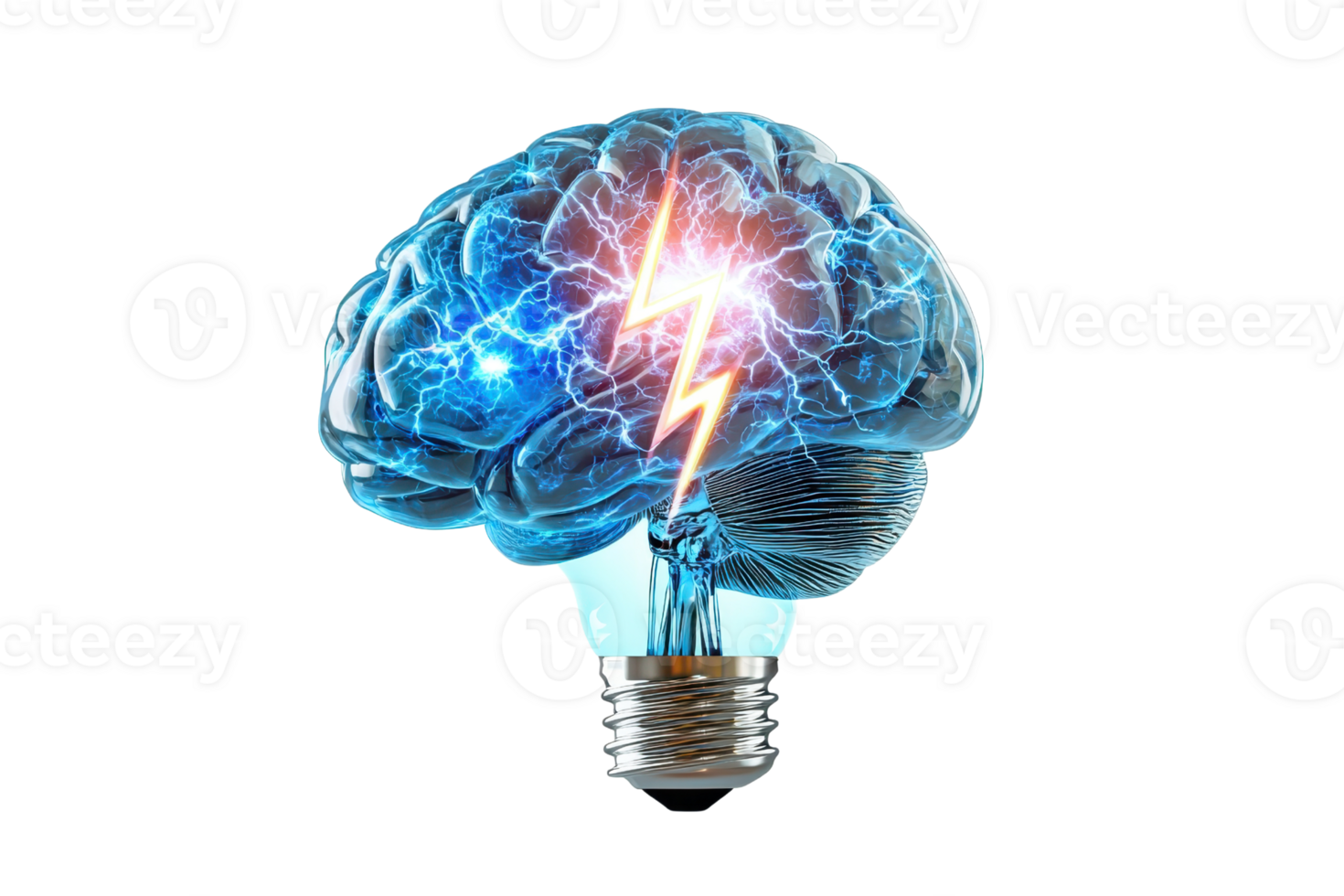 A glowing brain fused with a light bulb, symbolizing intelligence and innovation, radiates energy and creativity. png