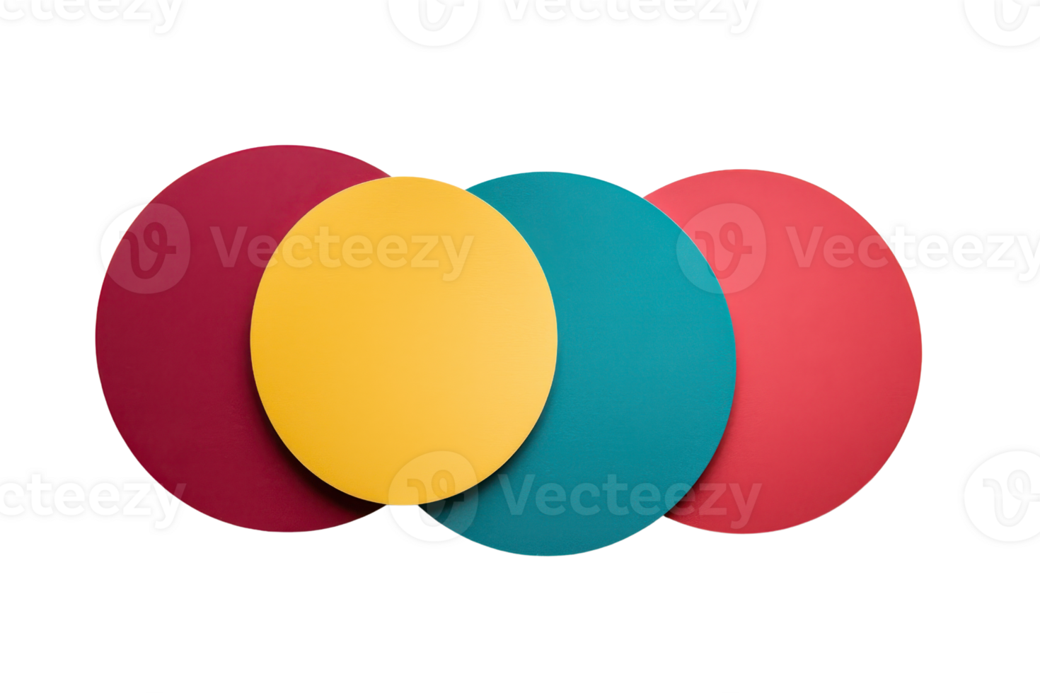 Three colorful circular shapes in vibrant hues of yellow, teal, red, and burgundy arranged in a visually striking composition. png