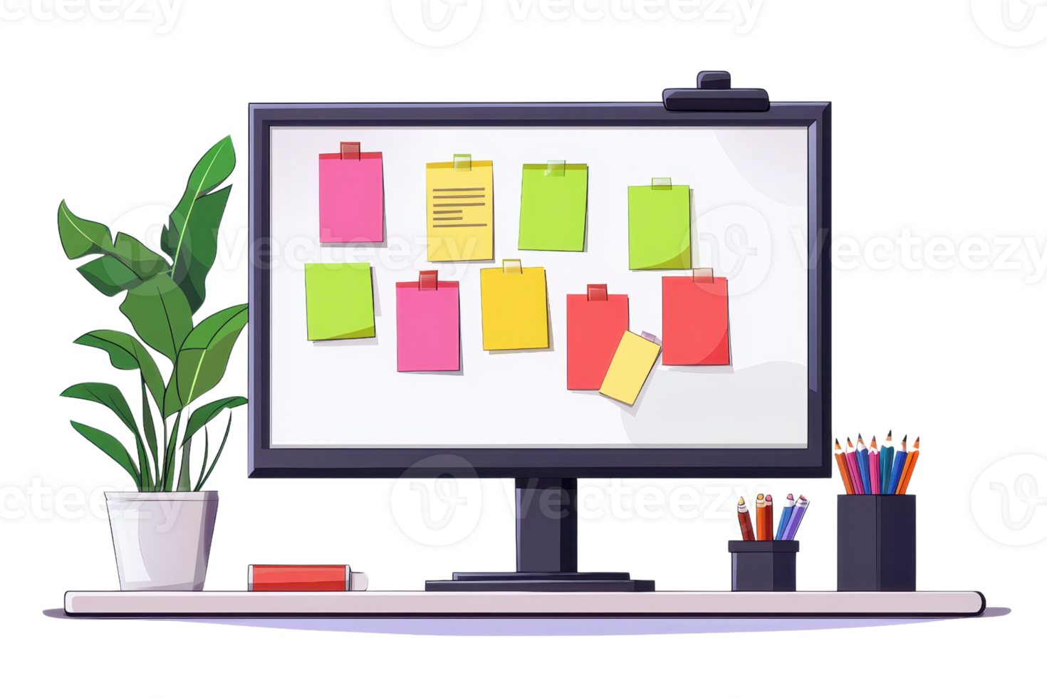 A sleek monitor displays colorful sticky notes, accompanied by a potted plant and stationery items on a light desk. png