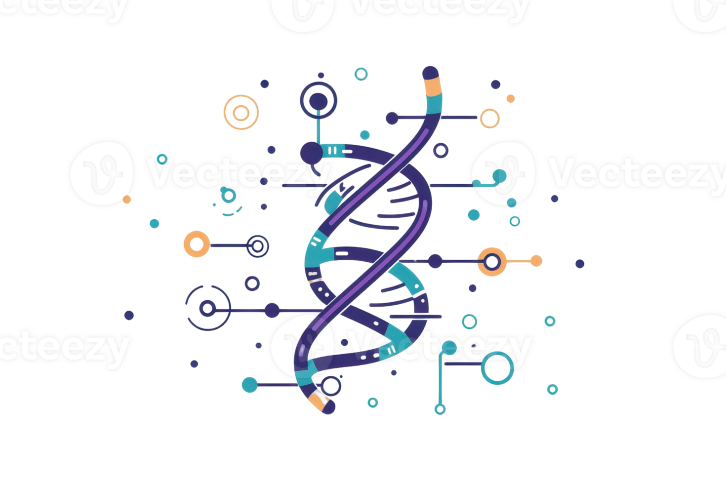 A colorful DNA double helix entwined with digital elements and abstract shapes, symbolizing the intersection of biology and technology. png