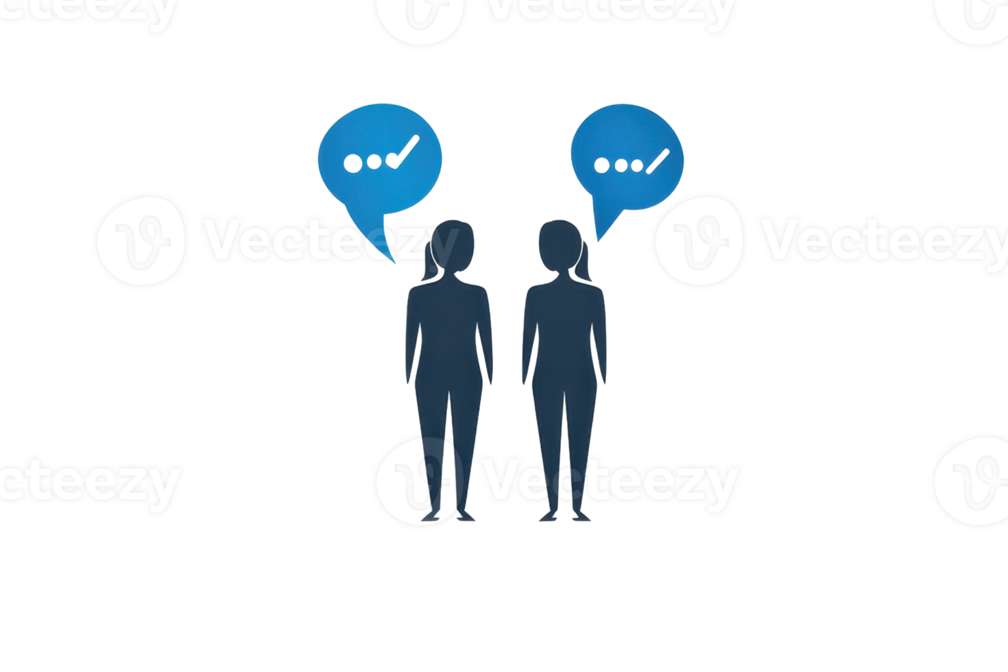 Two figures are engaged in conversation, each with a speech bubble containing ellipses and checkmarks. png