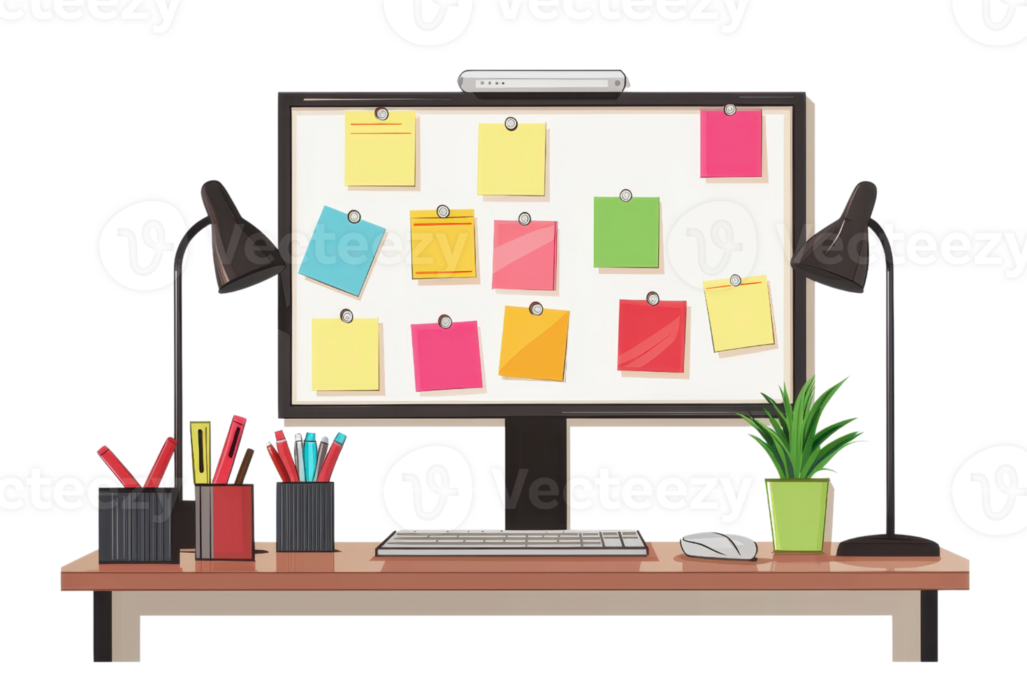 A workspace featuring a monitor with colorful sticky notes, a keyboard, and desk accessories including pens and a plant. png