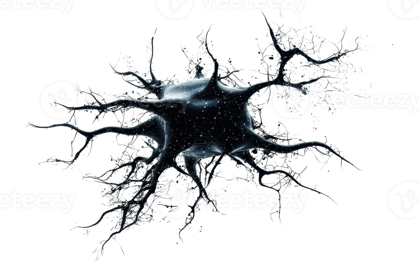 A detailed representation of a neuron, showcasing dendrites branching out from a central cell body, emphasizing its complex structure. png