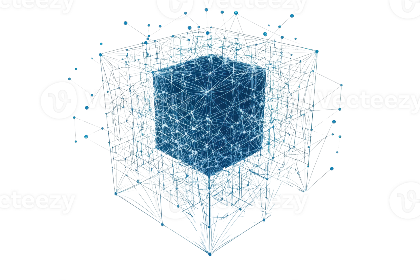A digital cube composed of intricate blue lines and nodes, representing a network or data structure in a 3D space. png
