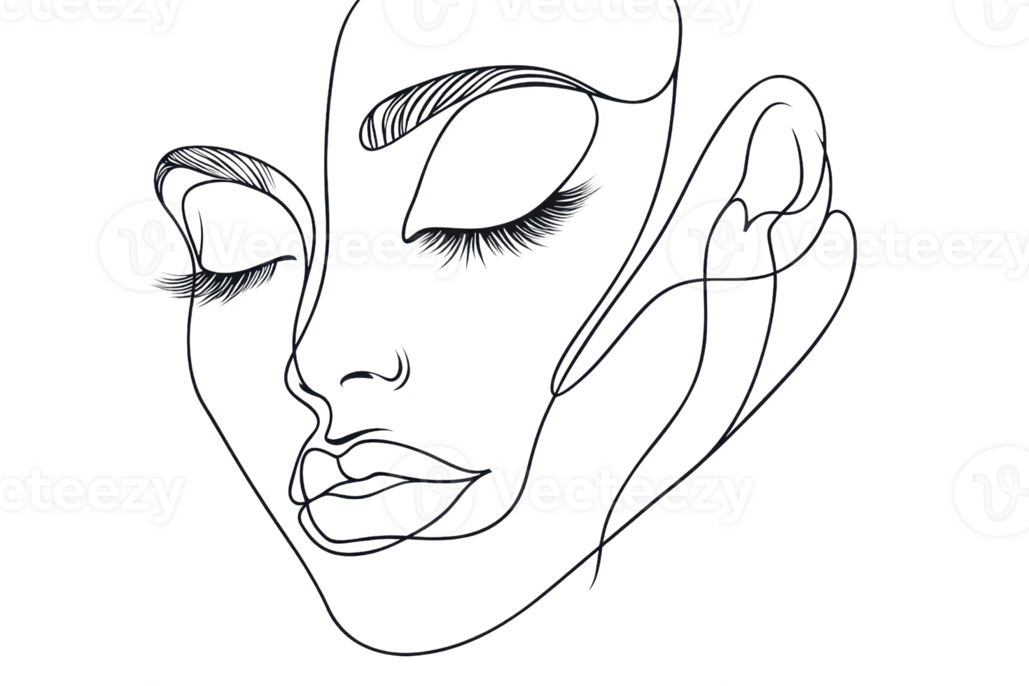 A minimalist line drawing of a feminine face with closed eyes, evoking tranquility and elegance. png