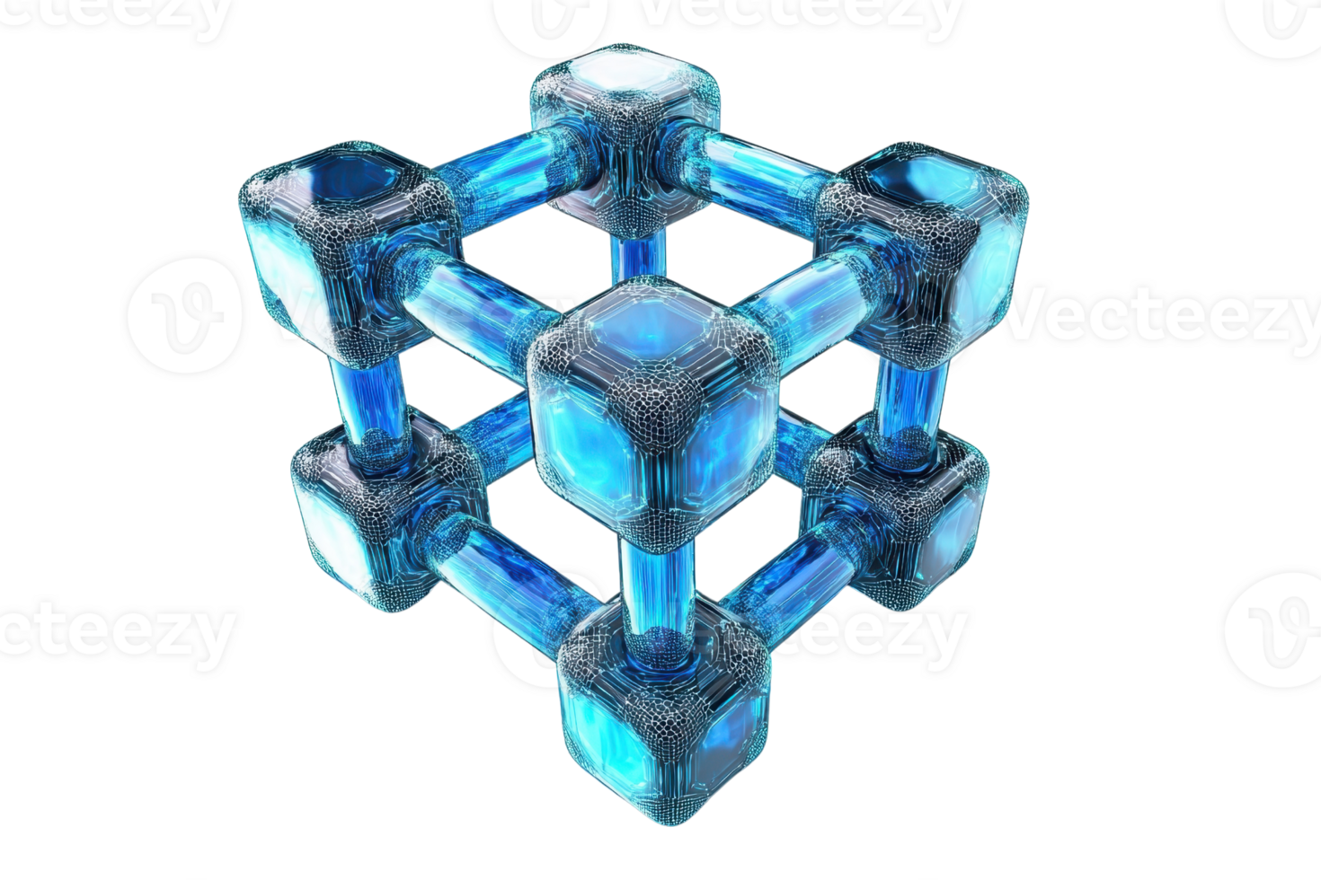 A 3D cube structure composed of glowing blue elements interconnected by sleek rods. png