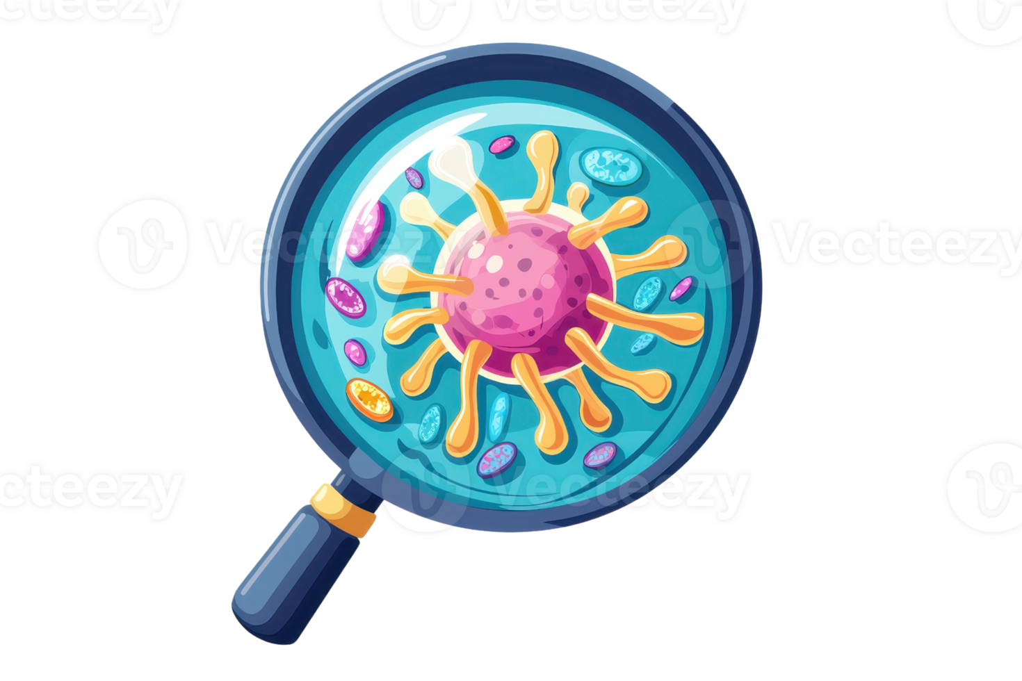 A colorful illustration of a magnifying glass highlighting a stylized virus with bright colors and distinct shapes. png