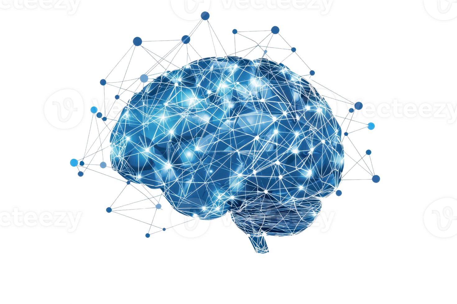 A digital representation of a brain, connected by glowing lines and nodes, symbolizing neural networks and cognitive processes. png