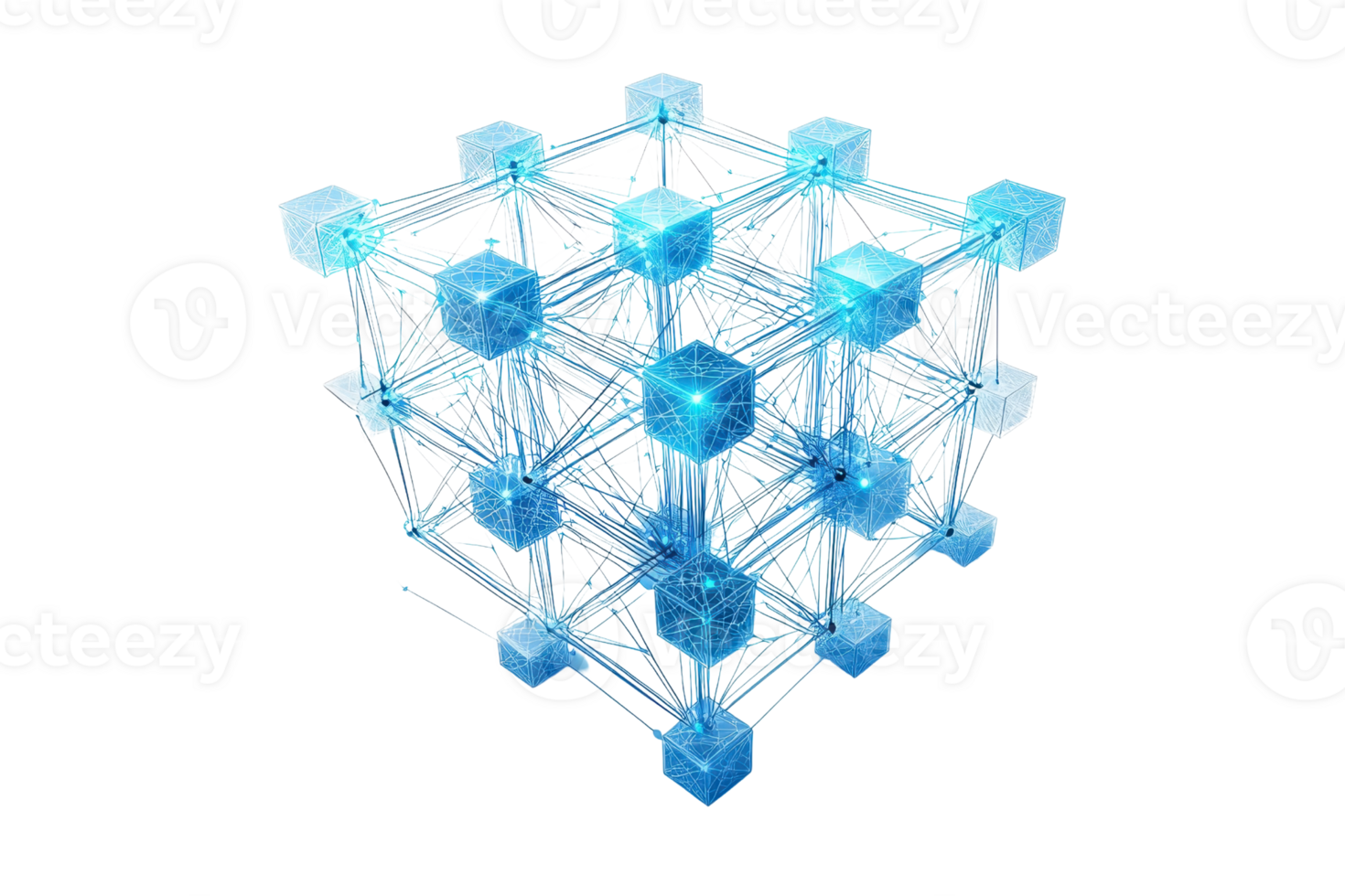 A three-dimensional grid structure featuring interconnected cubes, highlighted in shades of blue, creating a digital, futuristic appearance. png