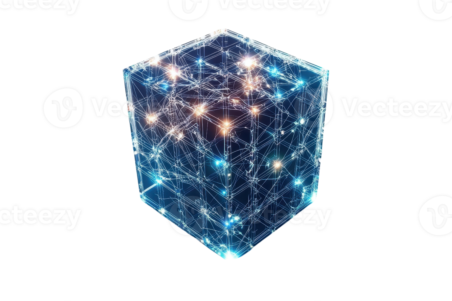 A glowing, cubic object featuring intricate patterns of light, symbolizing connectivity and data visualization. png