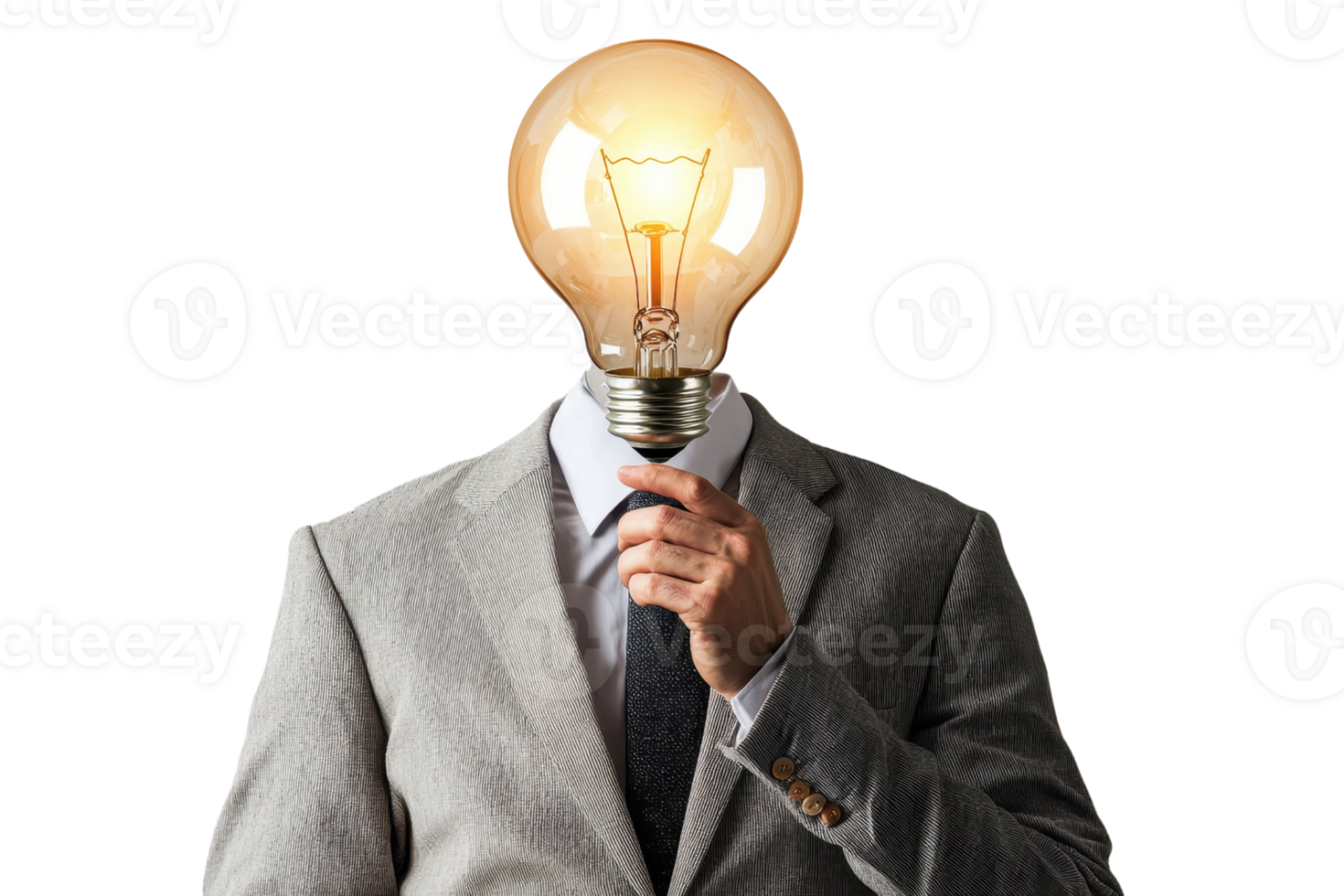 A suited figure holds a light bulb where the head would be, symbolizing ideas or innovation. png