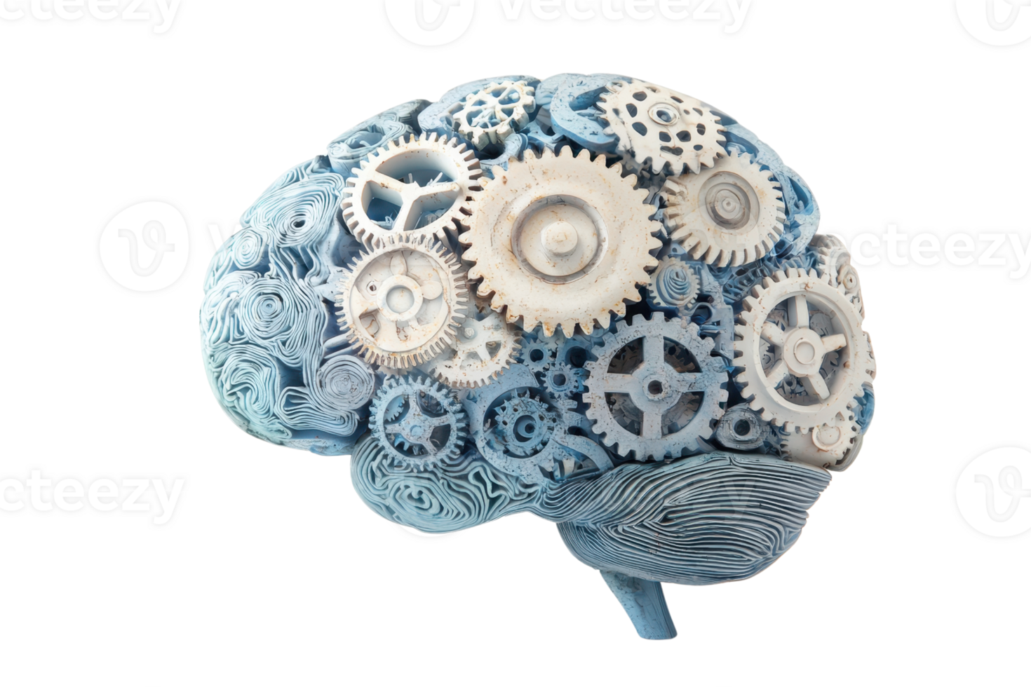 A stylized brain model with intricate gears, symbolizing the connection between thought processes and mechanical functions. png