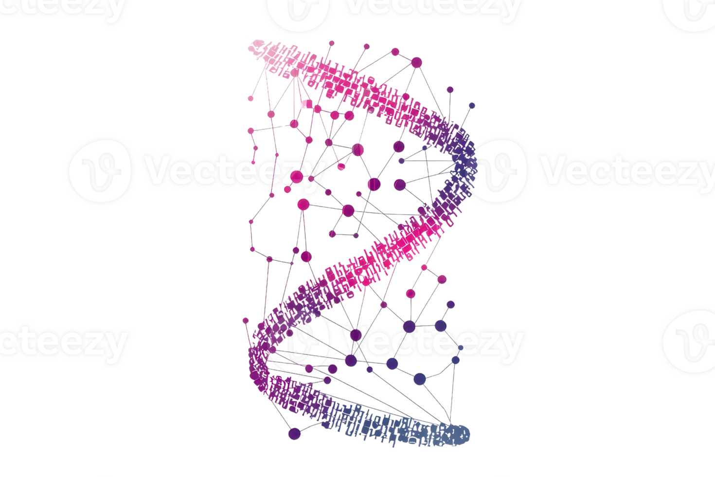 A striking representation of a DNA double helix, showcasing intertwining strands with vibrant colors and connected nodes. png
