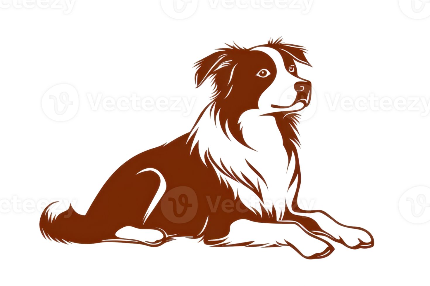 A stylized drawing of a dog lying down, featuring a flowing mane and expressive eyes, showcasing its relaxed demeanor. png
