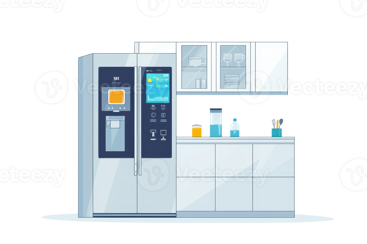A modern refrigerator with a built-in water dispenser, surrounded by kitchen cabinets and containers. png