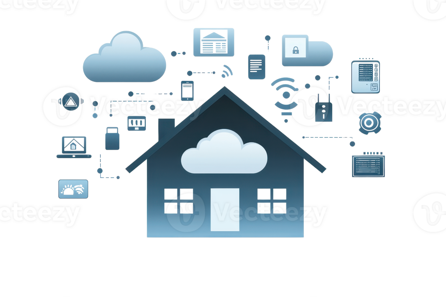 A house icon surrounded by cloud and digital connectivity symbols, representing smart home technology and cloud computing. png