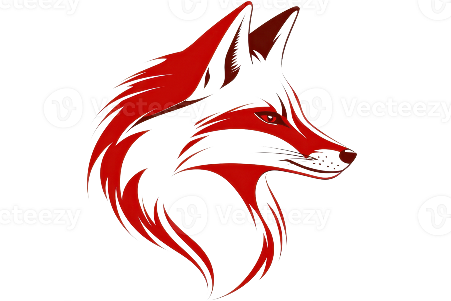 A stylized red fox head with intricate detailing and bold colors, emphasizing its sharp features and dynamic fur. png