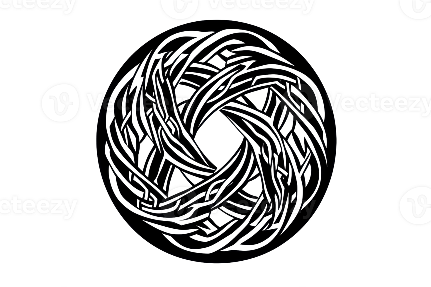 The image depicts an intricate circular pattern formed by interwoven lines, creating a striking, symmetrical design. png