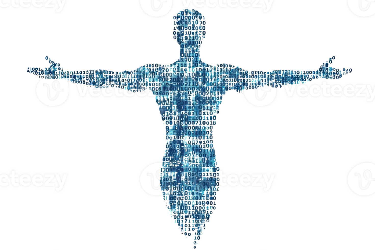 A digital figure with outstretched arms composed of binary code, symbolizing technology and data integration. png