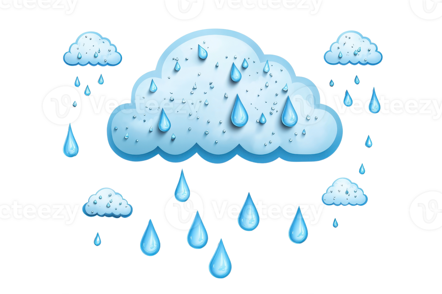 A fluffy blue cloud with droplets of water falling from it. png
