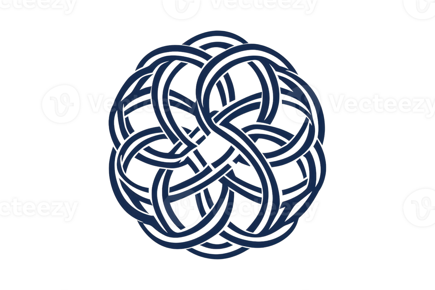 A circular, intricate design featuring interwoven loops, creating a continuous knot-like pattern. png