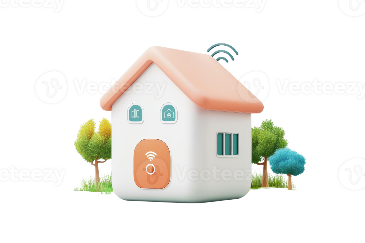 A cozy, modern house design featuring a peach-colored roof, smart features, and surrounded by stylized trees. png