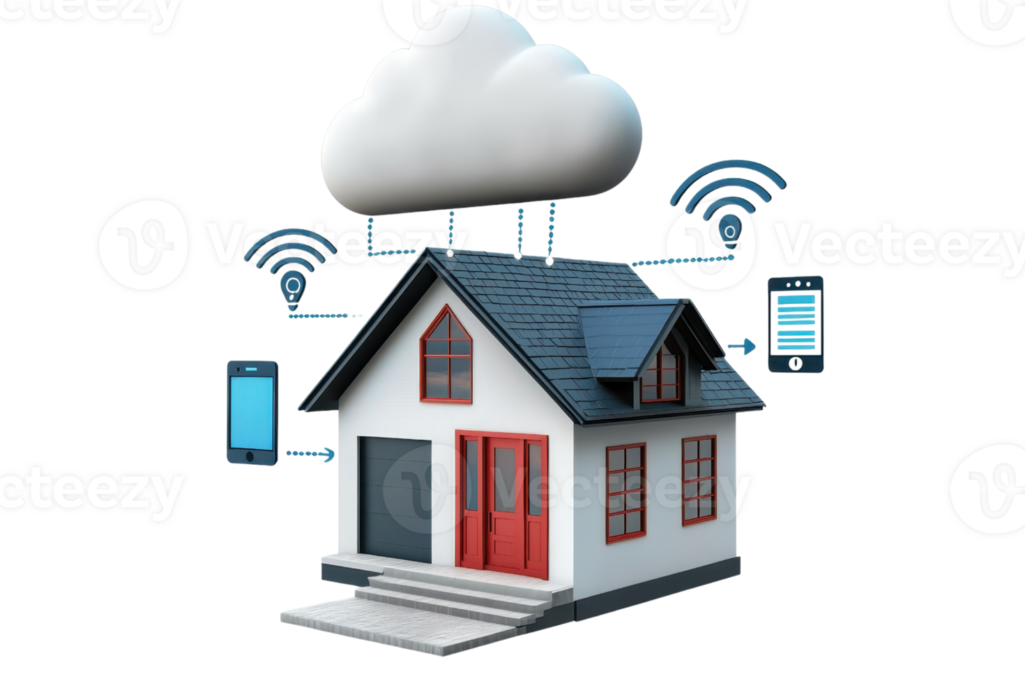 A modern house with red accents, featuring a cloud above and wireless signals, representing smart home technology. png