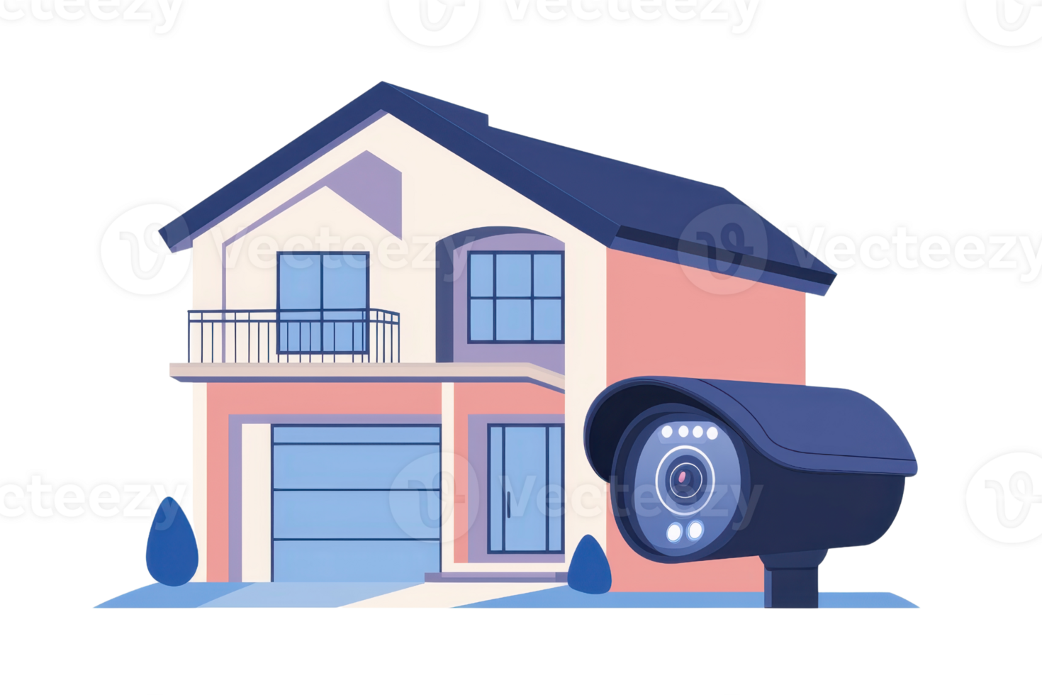 A modern house with a security camera installed, featuring multiple windows and a balcony. png