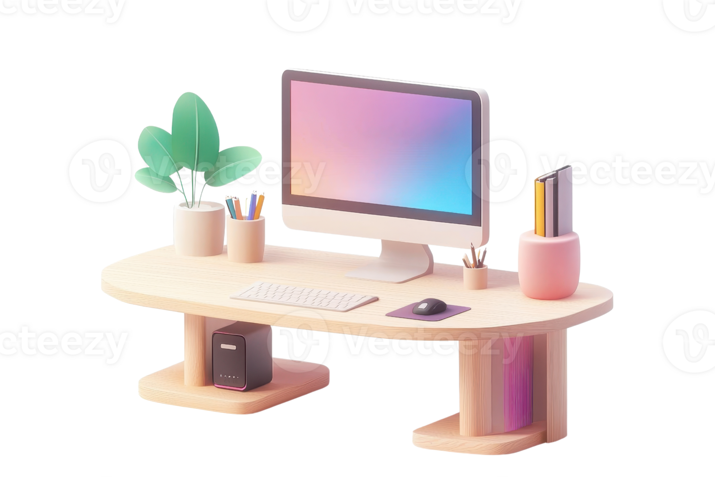 A stylish modern desk featuring a computer, plants, and stationery, creating an organized workspace ideal for productivity. png
