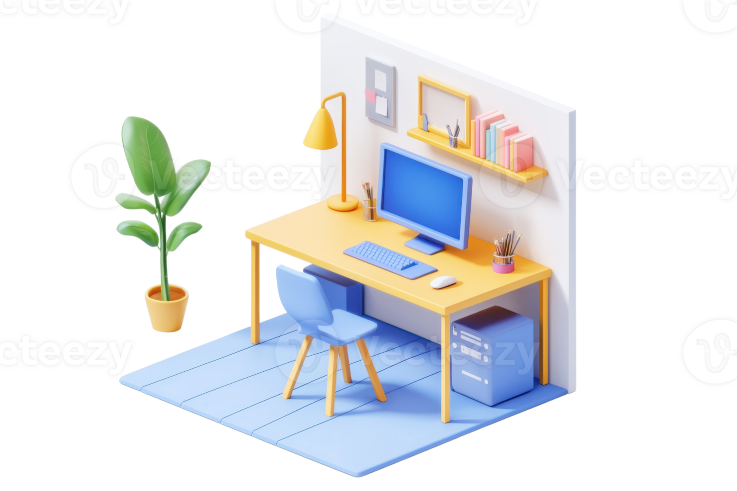 A cozy, modern workspace featuring a desk with a computer, lamp, and books, complemented by a chair and a potted plant. png