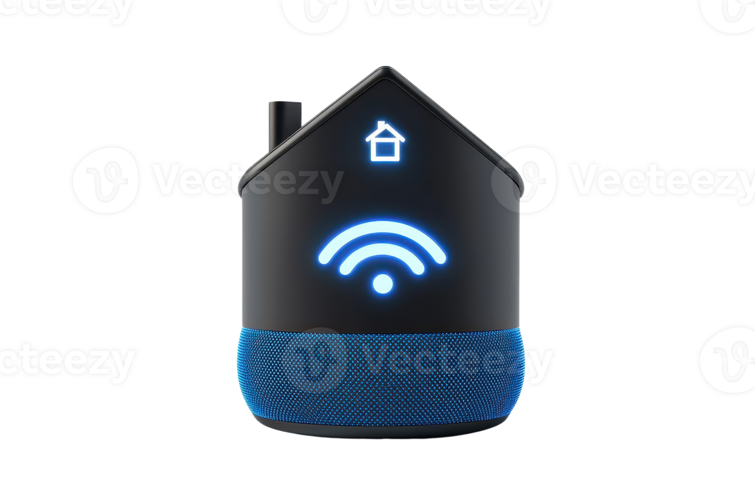 A smart speaker designed as a house with glowing signals for Wi-Fi connectivity and voice commands. png