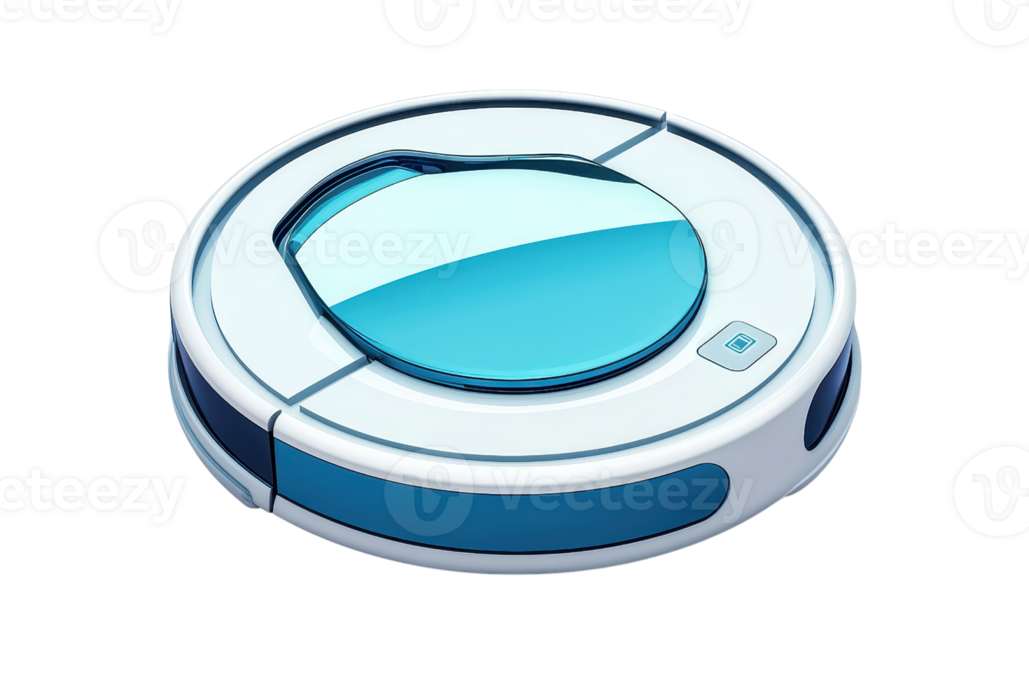 A round robotic vacuum cleaner featuring a sleek design with a blue and white color scheme. png