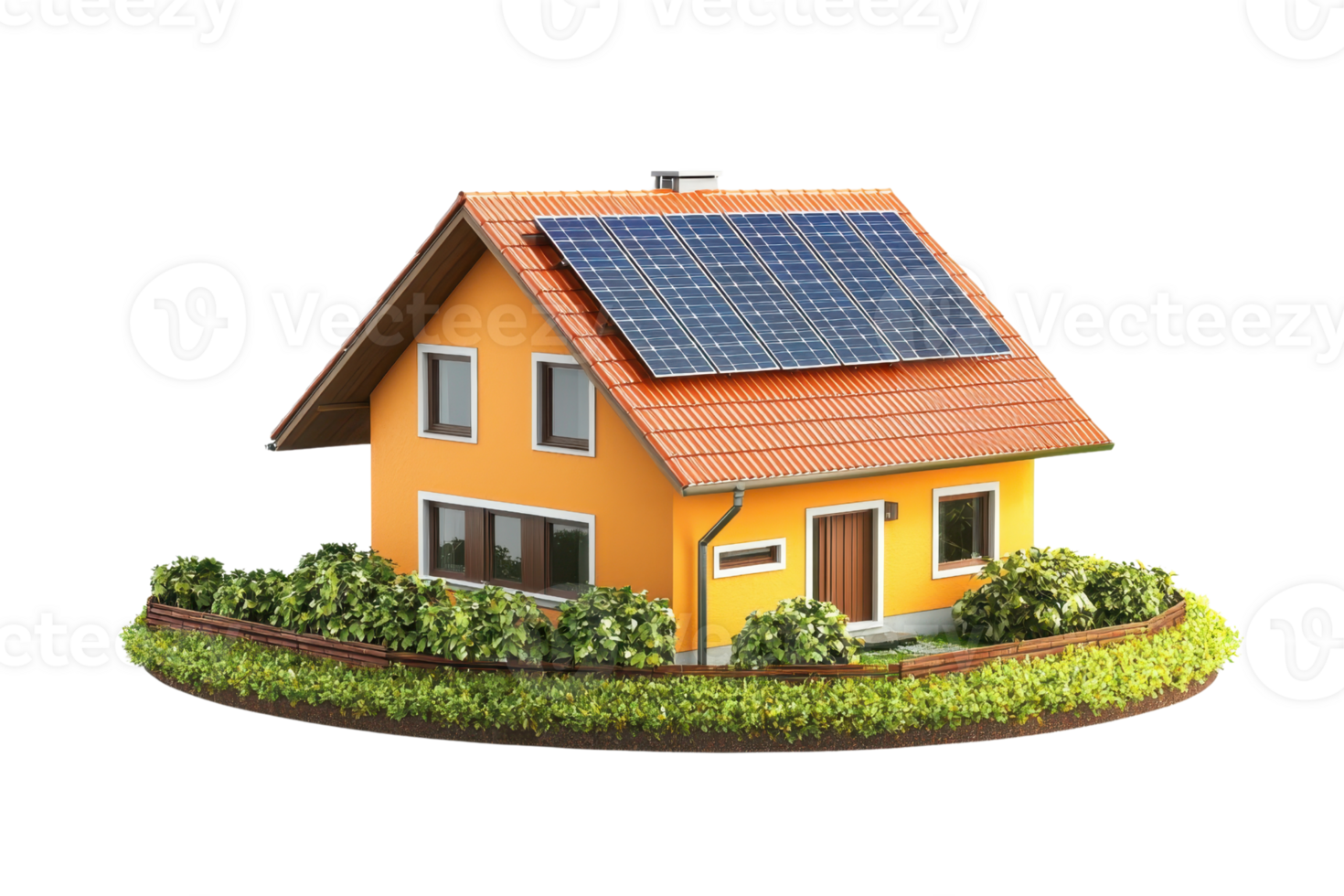 A vibrant yellow house featuring solar panels on the roof, surrounded by greenery, showcasing a modern and eco-friendly design. png