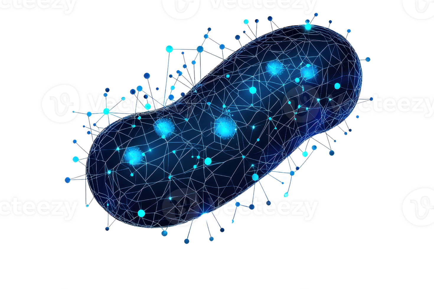 A digital representation of a peanut-shaped object interconnected with luminous nodes and lines, symbolizing networks and connections. png