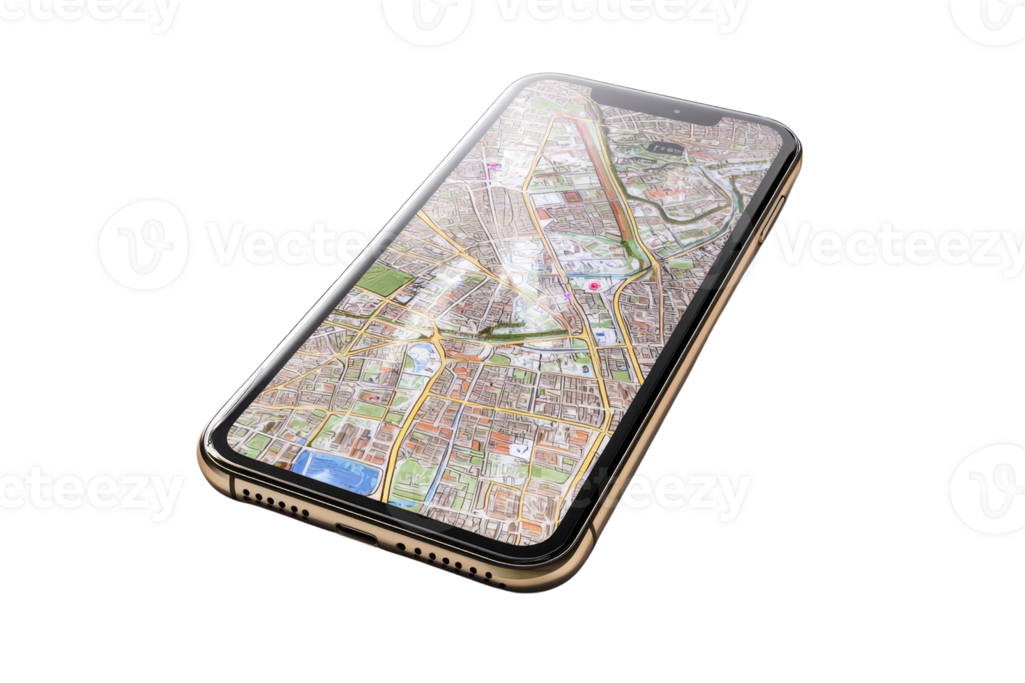 A smartphone displaying a detailed map, showcasing various streets, landmarks, and geographical features. png